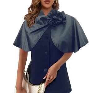 ALL DEBBED UP Black Sleeveless Jacket Satin Cape Flower Embellished Size S NEW